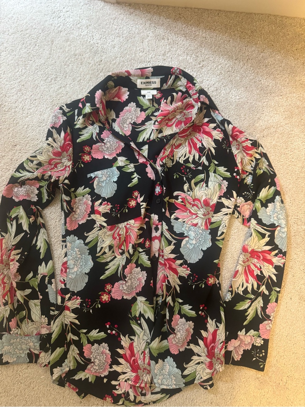 Express Black Floral Button-Up Blouse with Pink & Blue Flowers